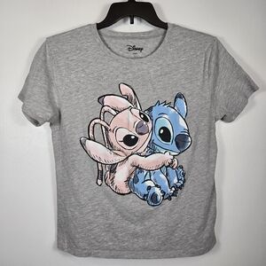 Disney Stitch & Angel Hugging Gray Crew Neck Graphic T-Shirt Tee Youth Size XL